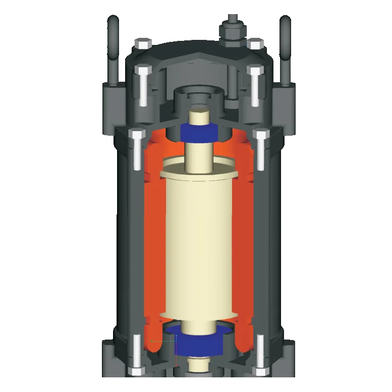 Cutaway of the PA motor: stator around the rotor, with a bearing above and below