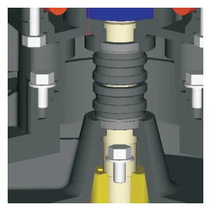 Cutaway of the mechanical seal on the pump shaft, below the oil chamber