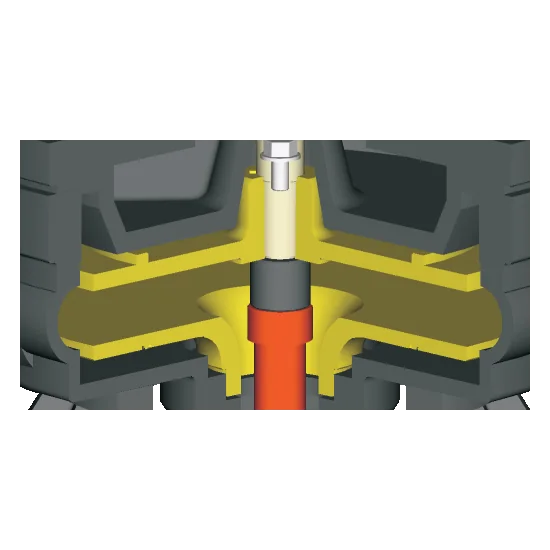 Cutaway of the impeller in the pump casing, with the agitator below it