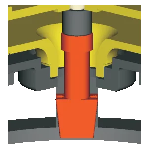 Cutaway of the agitator on the end of the pump shaft, below the impeller