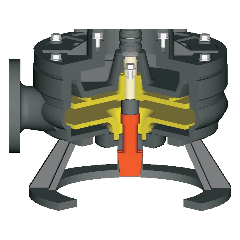 Cutaway of the pump casing with its flanged discharge, on the stand