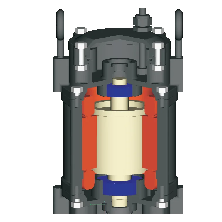 Cutaway of the PC motor: stator around the rotor, with a bearing above and below