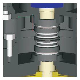 Cutaway of the mechanical seal on the pump shaft, below the oil chamber