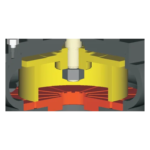 Cutaway of the impeller in its casing, above the stationary cutter