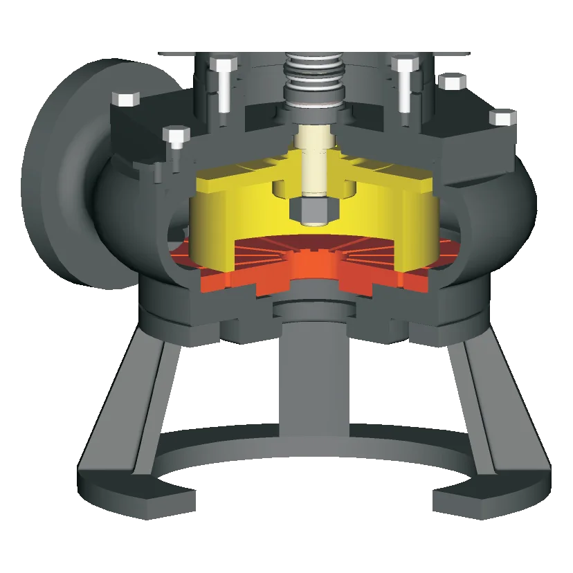 Cutaway of the pump casing with its flanged discharge, on the stand