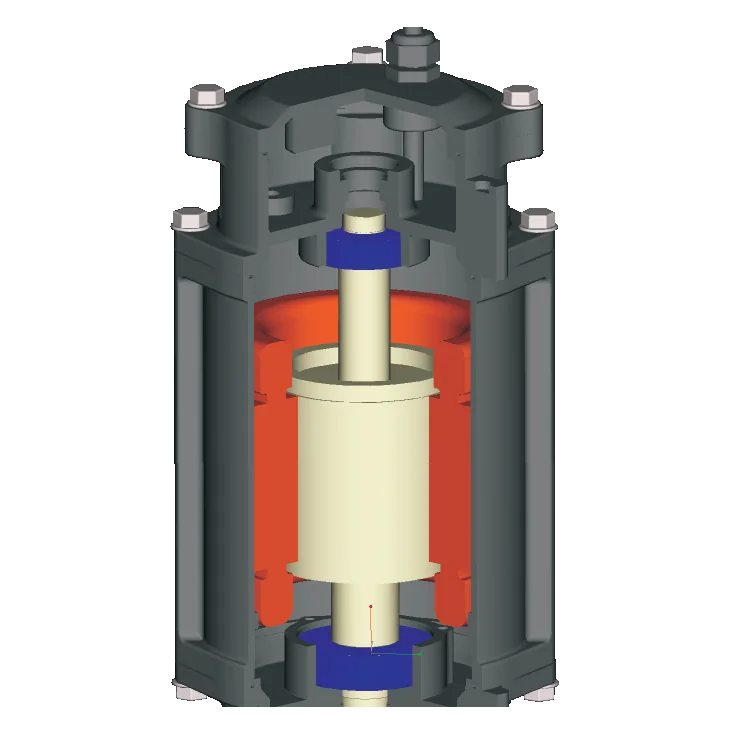 Cutaway of the PCC motor: stator around the rotor, with a bearing above and below