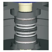 Cutaway of the mechanical seal on the pump shaft, below the oil house