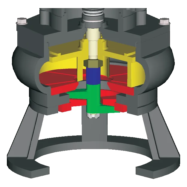 Cutaway of the pump casing on its three-legged stand, with the impeller and cutters inside