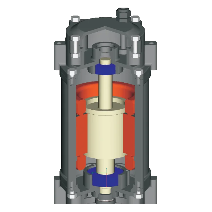 Cutaway of the PCG motor: stator around the rotor, with a bearing above and below