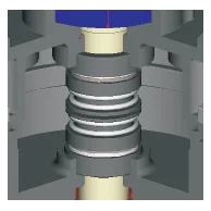 Cutaway of the mechanical seal on the pump shaft, below the oil house