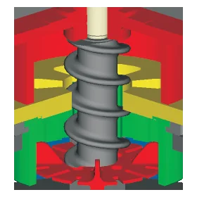 Cutaway of the screw rotor on the shaft, running down through the impeller to the intake