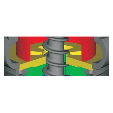 Cutaway of the stationary cutter ring around the screw rotor, below the impeller