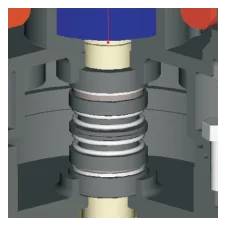 Cutaway of the mechanical seal on the pump shaft, below the oil house