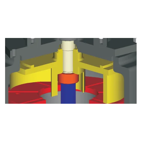 Cutaway of the impeller in its casing, above the grinder