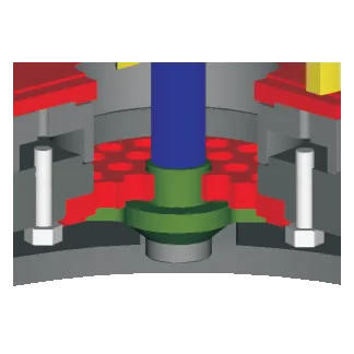 Cutaway of the grinder at the intake: the rotary cutter on the end of the shaft, inside the perforated stationary cutter