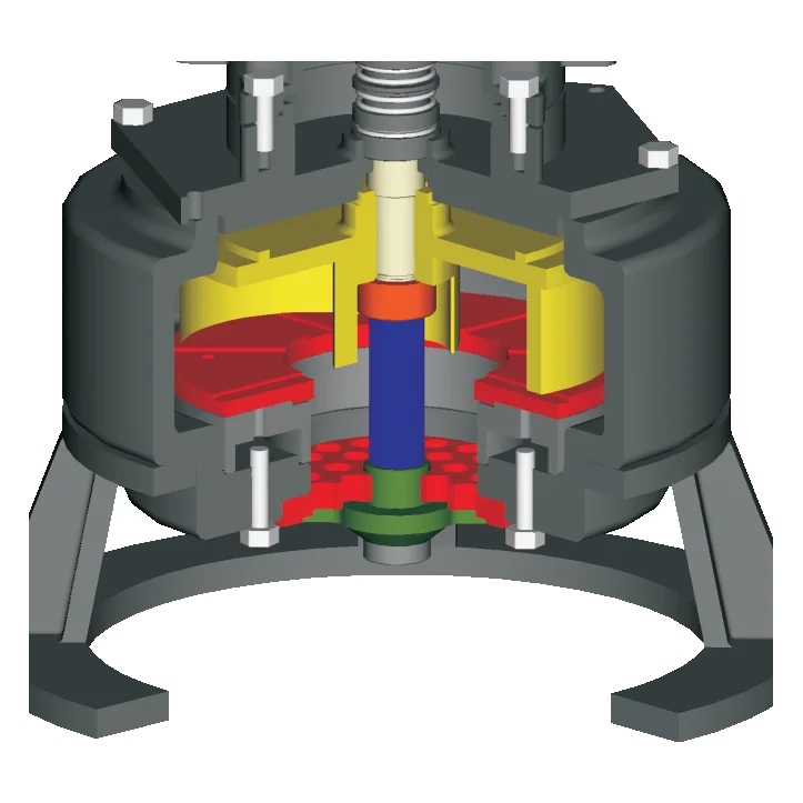 Cutaway of the pump casing on its three-legged stand, with the impeller and grinder inside