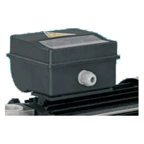 The terminal box on top of the motor, with its cable gland