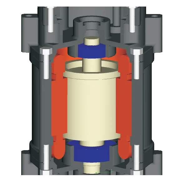 Cutaway of the PS motor: stator around the rotor, with a bearing above and below