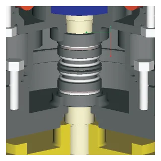 Cutaway of the mechanical seal on the pump shaft, below the oil chamber