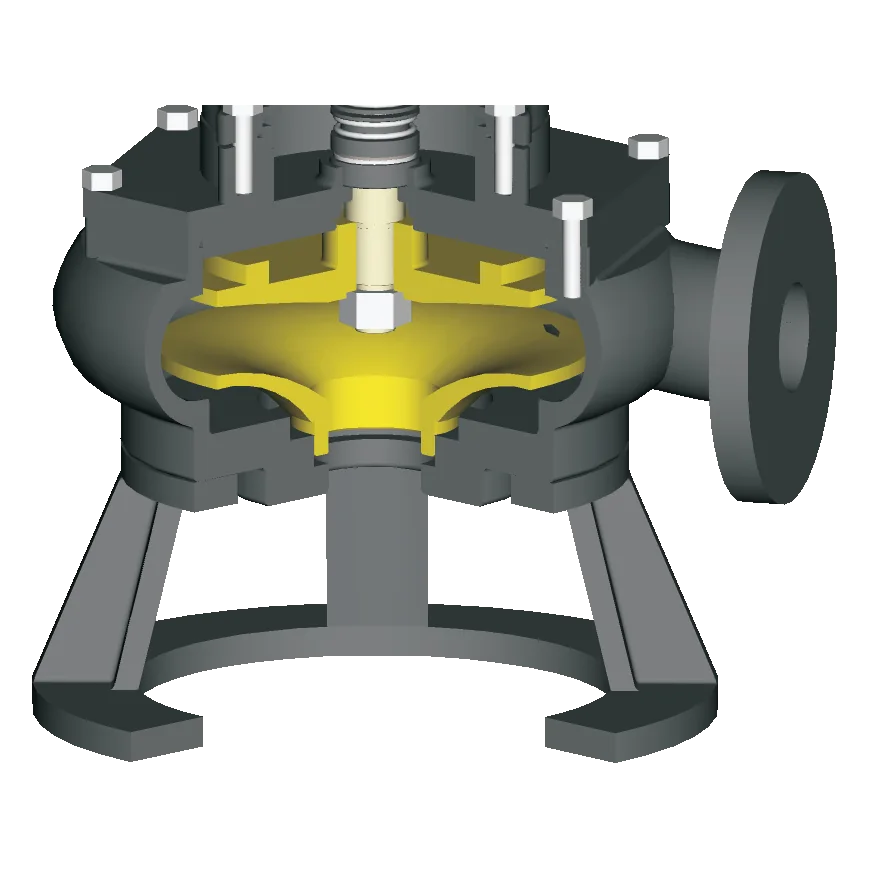 Cutaway of the pump casing with its flanged discharge, on the stand