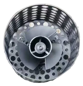 Three-blade propeller seen end-on inside the perforated cage