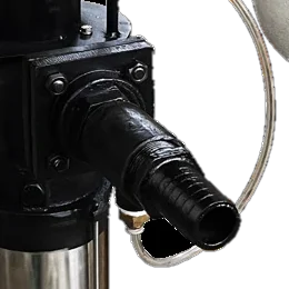 Black hose-tail discharge outlet on the pump casing