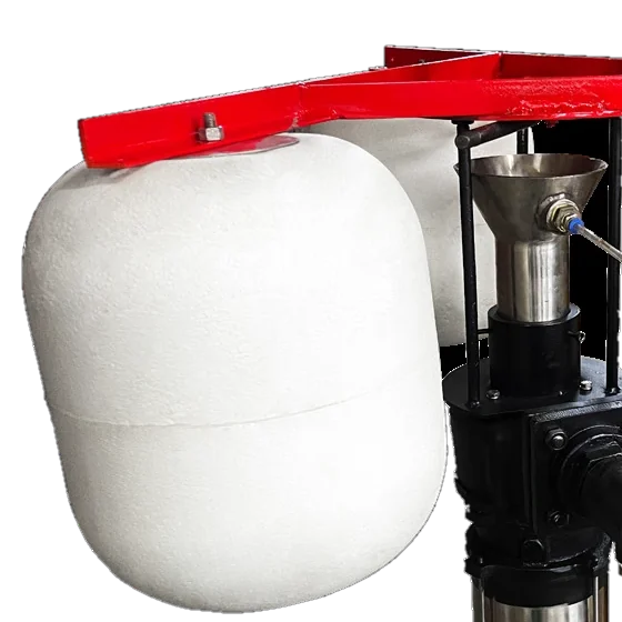 White flotation buoy bolted under the red steel support frame