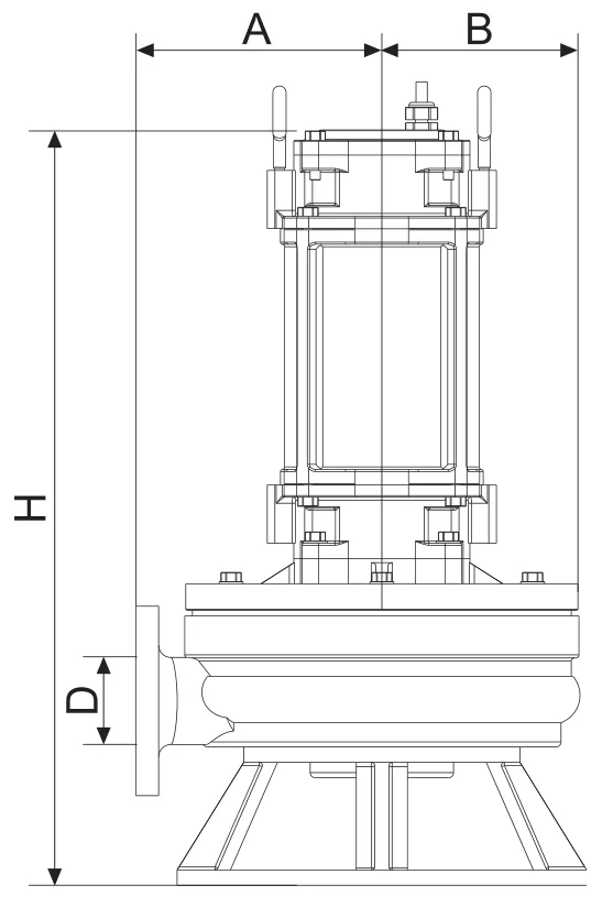 PC Series dimension drawing — widths A and B, discharge D and height H