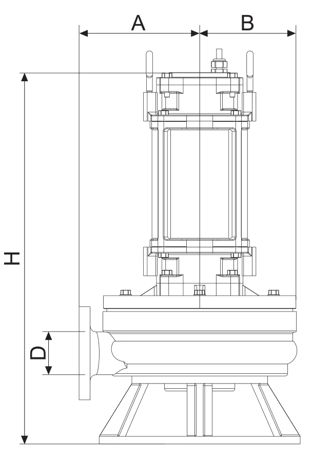 PCG Series dimension drawing — widths A and B, discharge D and height H