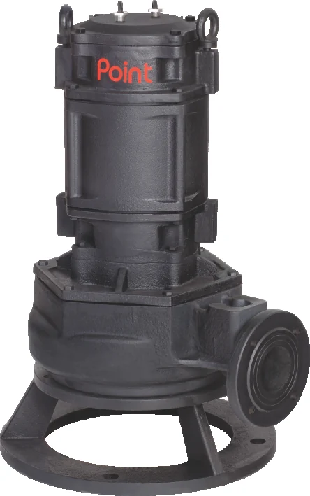 Point PCG Series chopper grinder pump: a cast-iron motor body with lifting eyes on a volute casing with a flanged side discharge, standing on a ring base