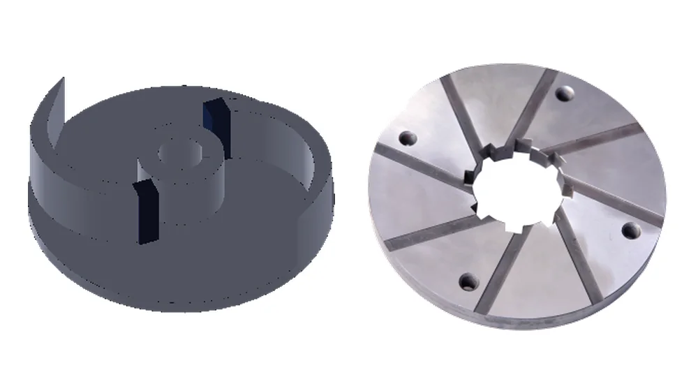 The PDC cutting system: the cutting impeller, and the slotted stationary cutter plate it turns against