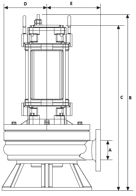 PDC Series dimension drawing — discharge pipe A and overall dimensions B to E