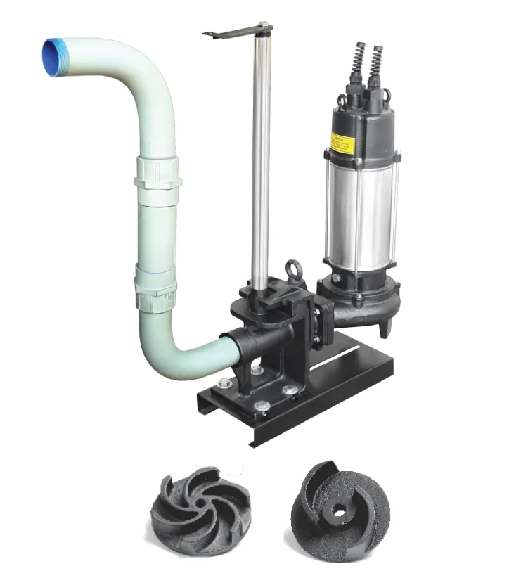 PDS pump installed on an auto-coupling with its guide rail and discharge pipe, and the series’ two impeller types — vortex and two-vane