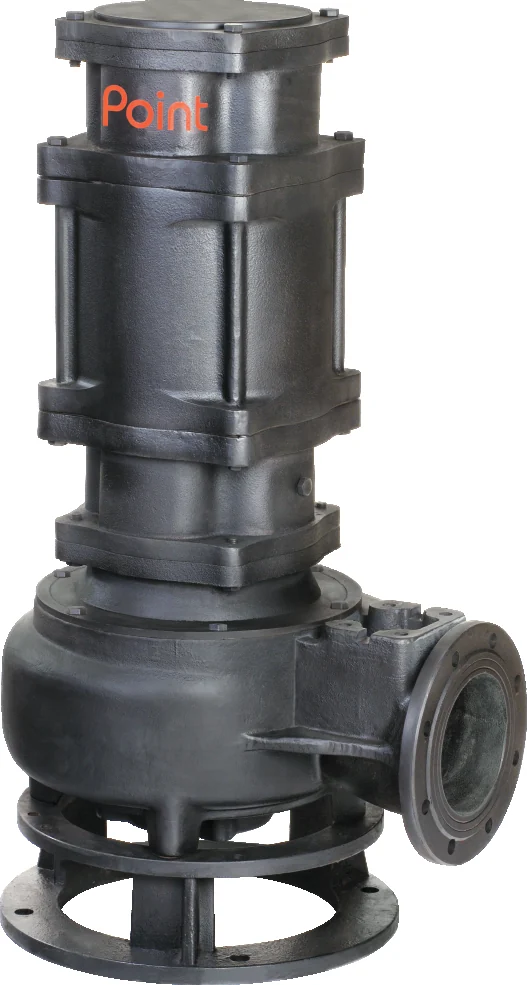 Point PG Series grinder pump: a cast-iron motor body on a volute casing with a flanged side discharge, standing on a ring base