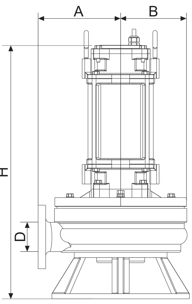 PS Series dimension drawing — widths A and B, discharge D and height H