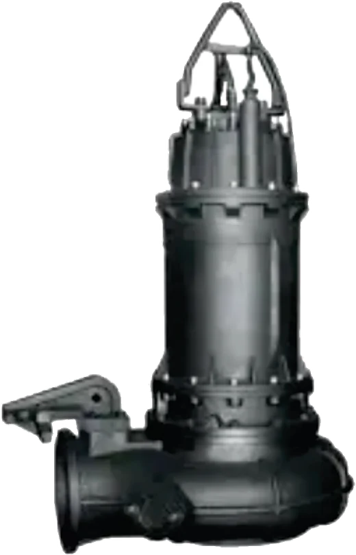 Point High Discharge submersible sewage pump: a tall motor body under a lifting bail, on a volute casing with a large flanged side discharge and an auto-coupling claw