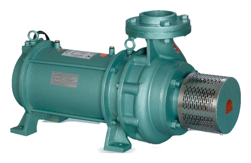 Point horizontal open well pump: a green cast-iron motor body on two feet, the volute casing with a flanged discharge on top, and a perforated stainless steel suction strainer on the end