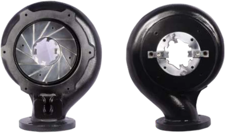 PC Series pump casings seen from the intake: the rotating cutter behind the opening on the left, the stationary cutter plate on the right