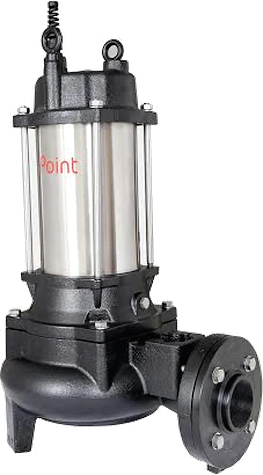 Point PDC Series submersible cutter pump: a stainless motor body held by tie rods between cast-iron covers, a lifting eye on top and a flanged side discharge