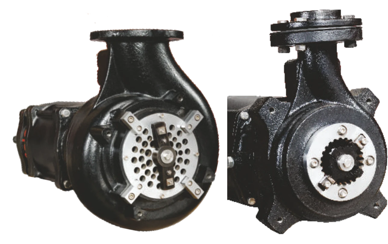 PG Series pump casings seen from the intake: a rotary cutter across a perforated stationary cutter on the left, a toothed rotary cutter in its ring on the right