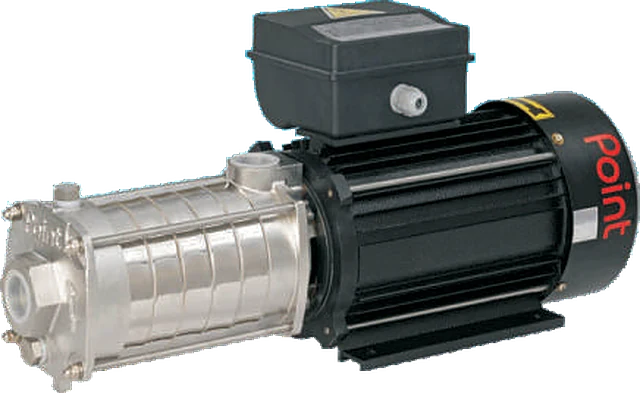 Point PH horizontal multistage pump: a stainless steel stage casing with end suction and top discharge, on a black finned motor with its terminal box on top, foot-mounted