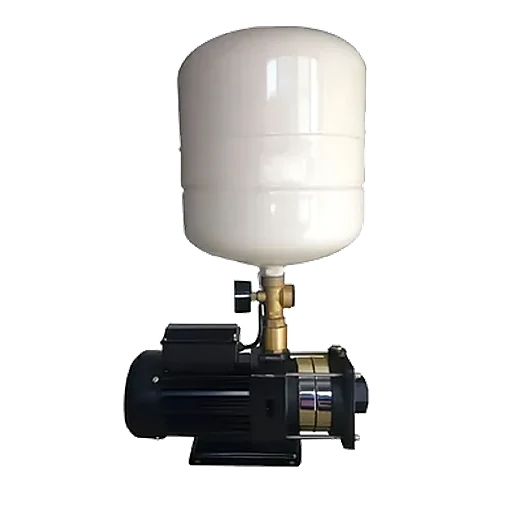 Point pressure booster set: a white pressure tank on a brass fitting and valve, mounted on a PH horizontal multistage pump with a black motor