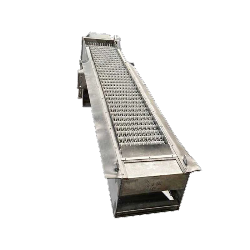 Stainless steel rotary rake bar screen machine with an inclined rake ladder over an intake channel