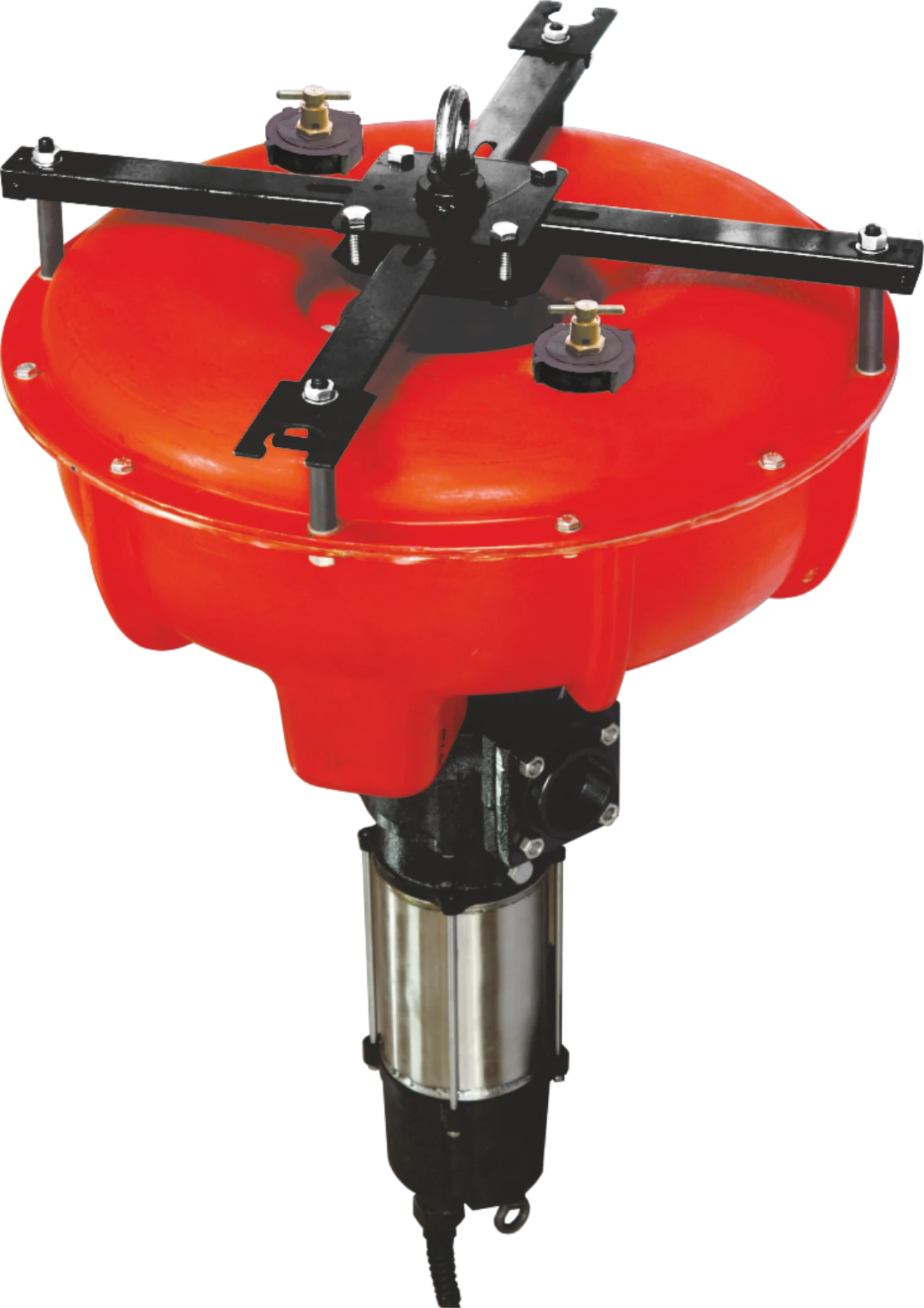 Decanting pump: a red fibre-reinforced plastic float with a steel guide frame, carrying a stainless steel submersible pump beneath