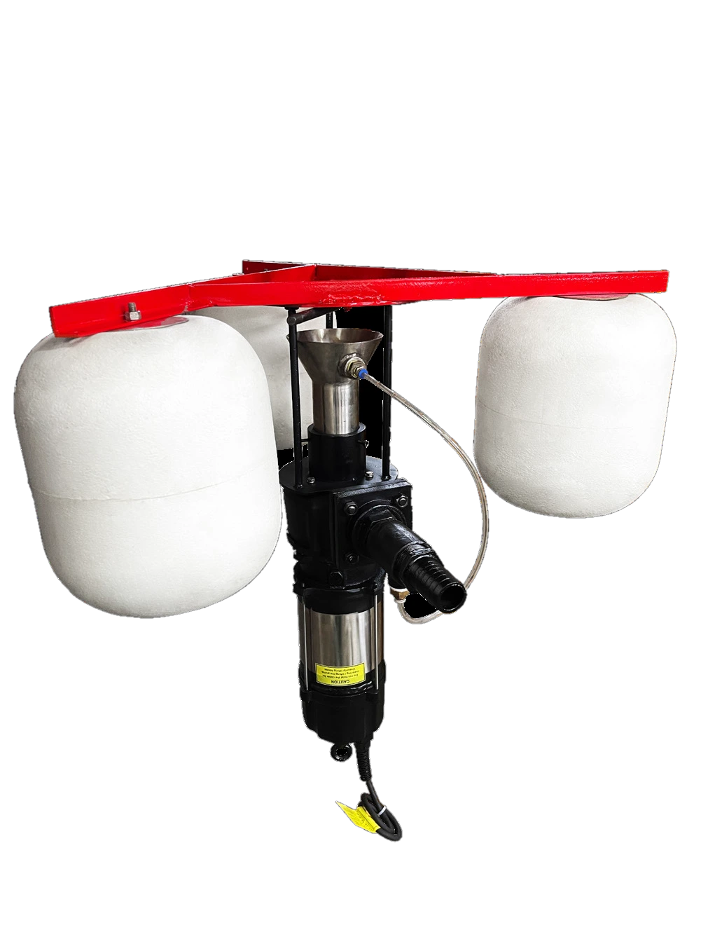 Floating scum remover with three flotation buoys and a submersible skimmer pump suspended from a red support frame