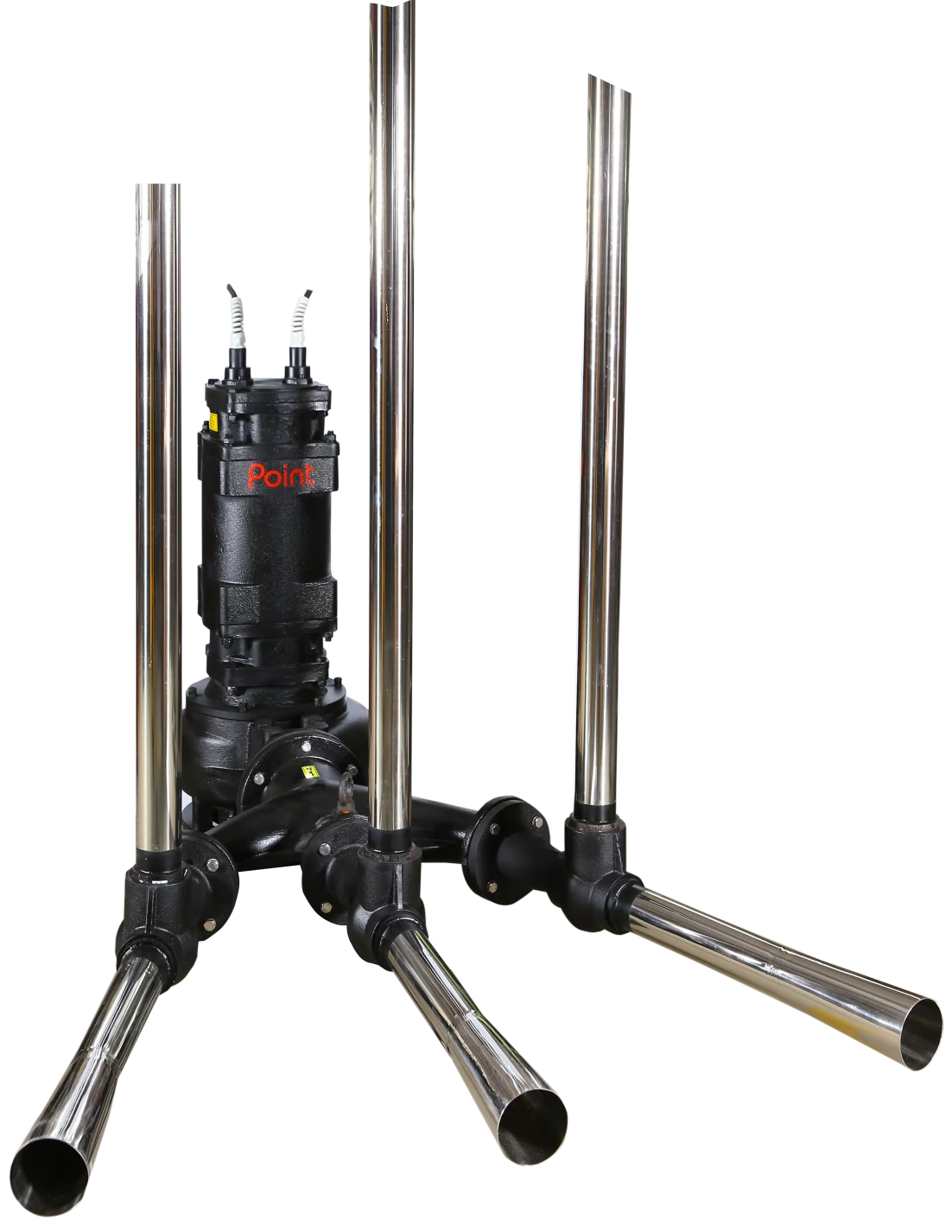 Jet aerator assembly: a Point submersible pump feeding three stainless steel venturi nozzles, each with a vertical air intake pipe