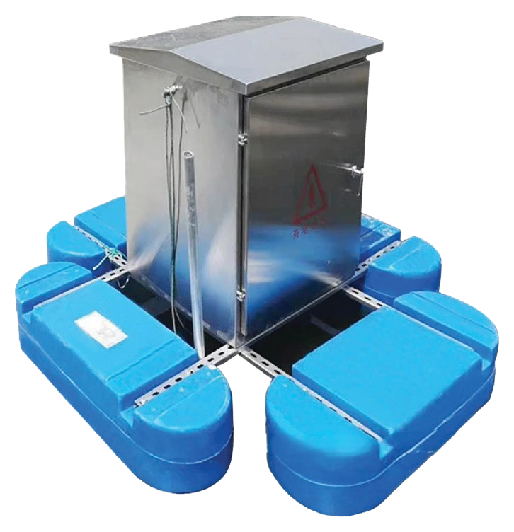 Micro-nano bubble generator: a stainless steel control cabinet mounted on a frame of blue plastic floats