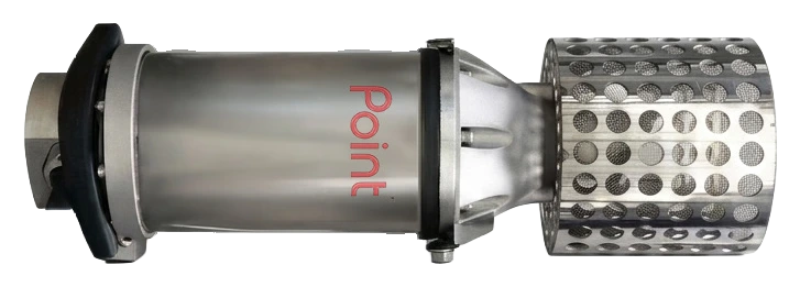 Point PAF push flow aerator: a stainless steel submersible motor with a perforated stainless steel cage at one end
