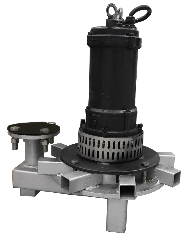 Radial aerator: a black submersible motor above a slotted intake, on a steel base with radial outlet arms and a flanged air inlet