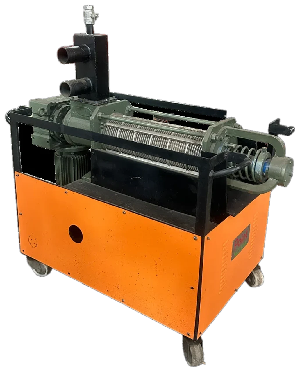 Solid-liquid separator — screw press with perforated stainless steel filter drum, on a wheeled orange frame